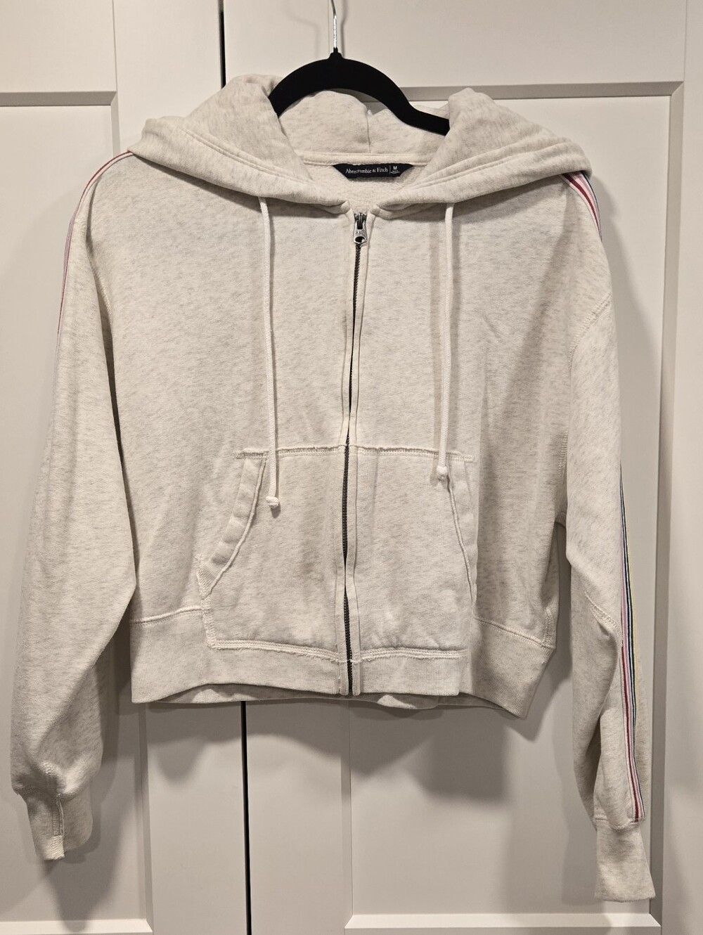 Light Gray Zip-Up Hoodie with Rainbow Stripe - Abercrombie & Fitch